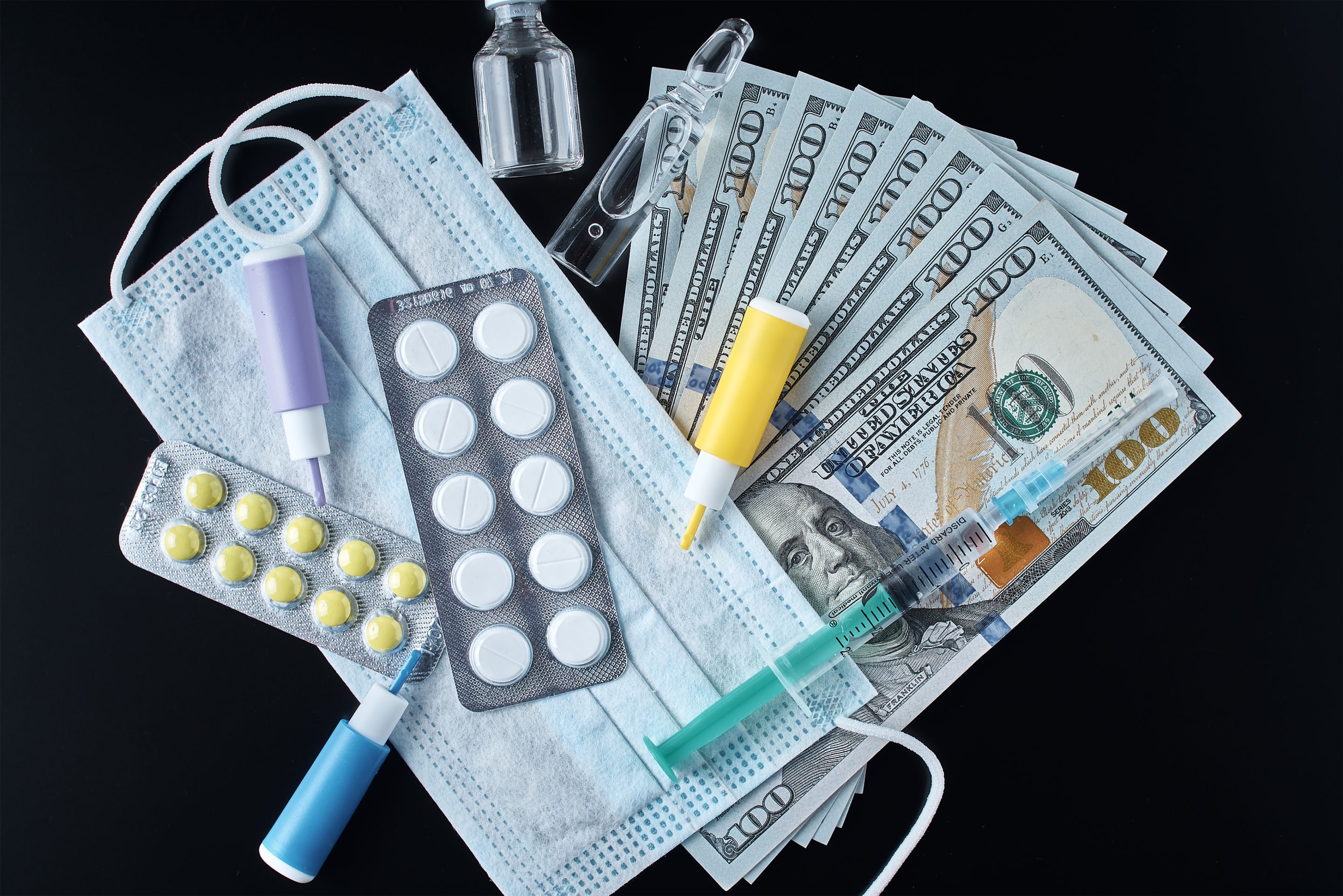 A medical mask, syringe, and money symbolize healthcare costs for victims injured in a hit-and-run incident