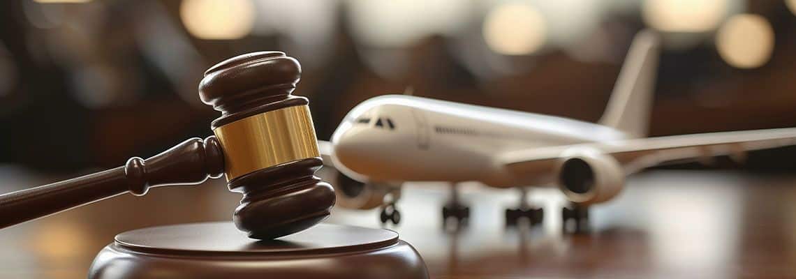 An airplane model beside judge’s gavel and legal documents symbolizing aviation law