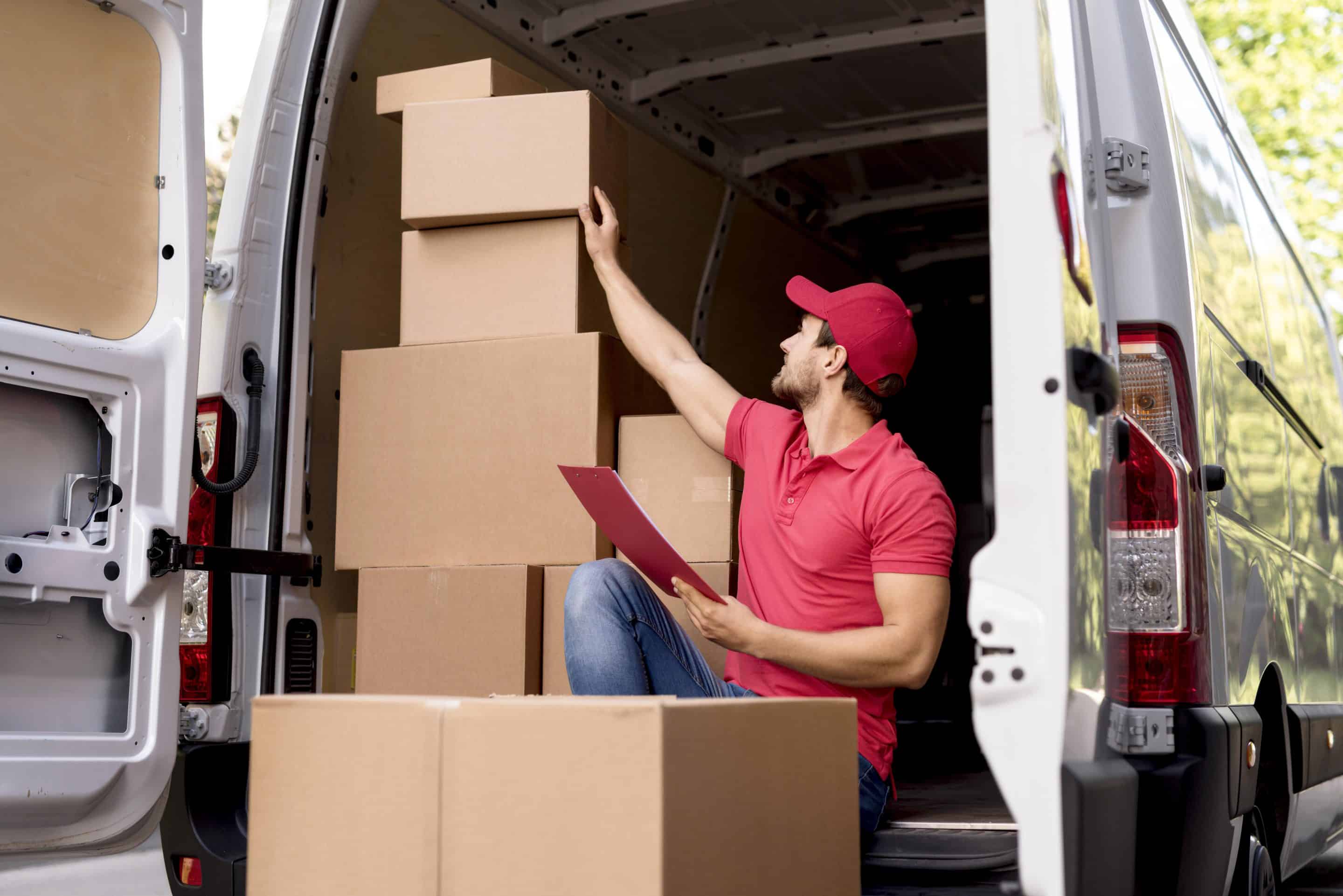 A delivery man checking the packages on his rental truck