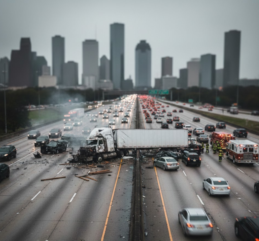 18-wheeler commercial truck on Houston Texas highway , 18-wheeler accident settlements can range from $80,000 to over $4.5 million