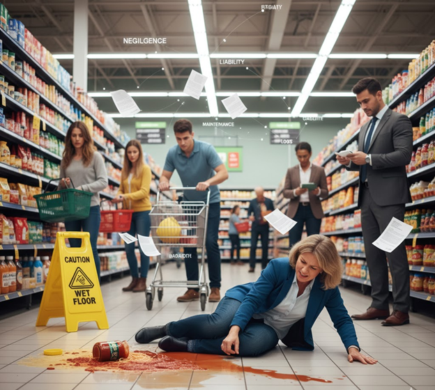 A woman lying on a grocery store floor after a slip and fall accident involving spilled sauce
