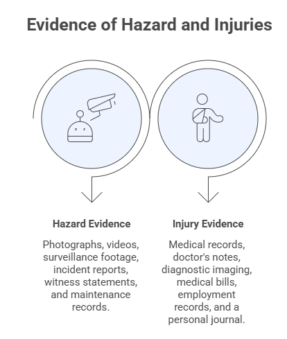 Infographic outlining the link between Hazard Evidence, surveillance, witness statements and Injury Evidence, medical records, bills for personal injury lawsuits