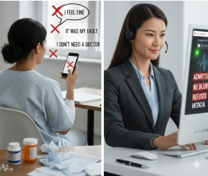 Split view of a patient making statements that lead to a Refused Medical status on an insurance workers computer screen