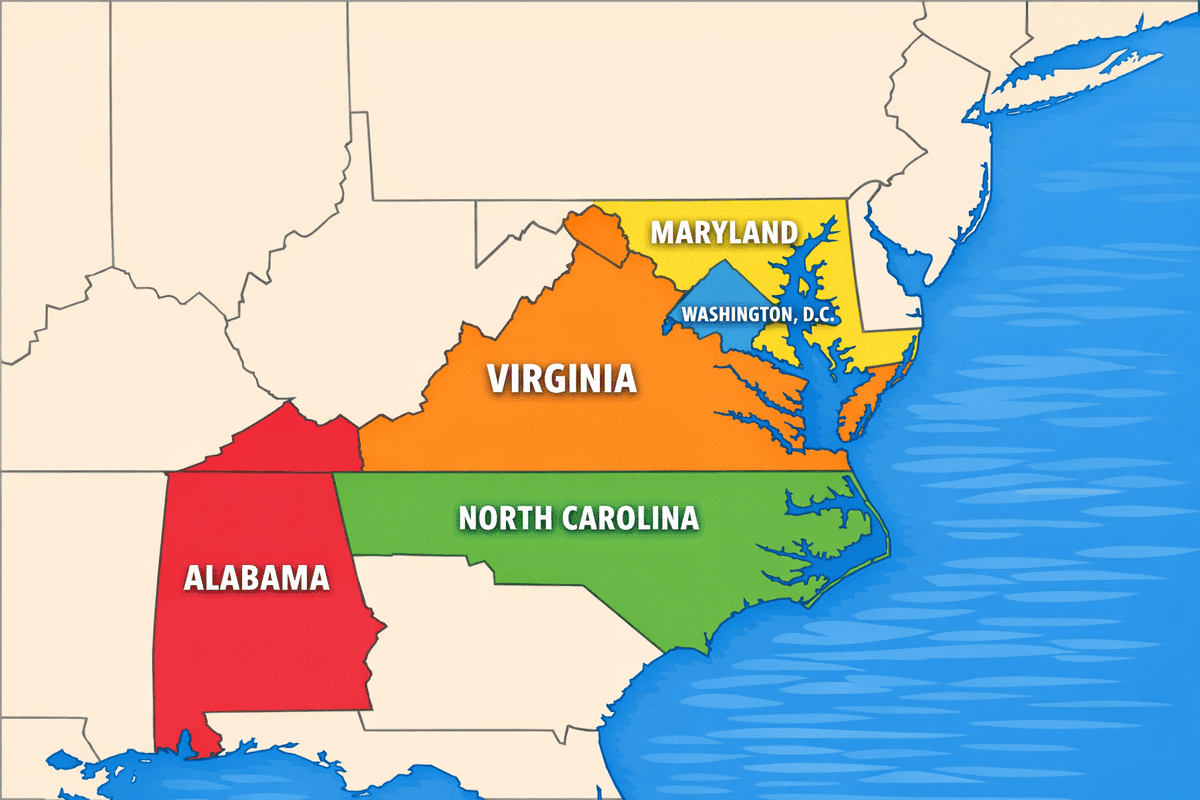 Map of legal jurisdictions including VA, MD, NC, AL, and DC, illustrating state-specific legal expertise, licensing areas, and regional court advocacy