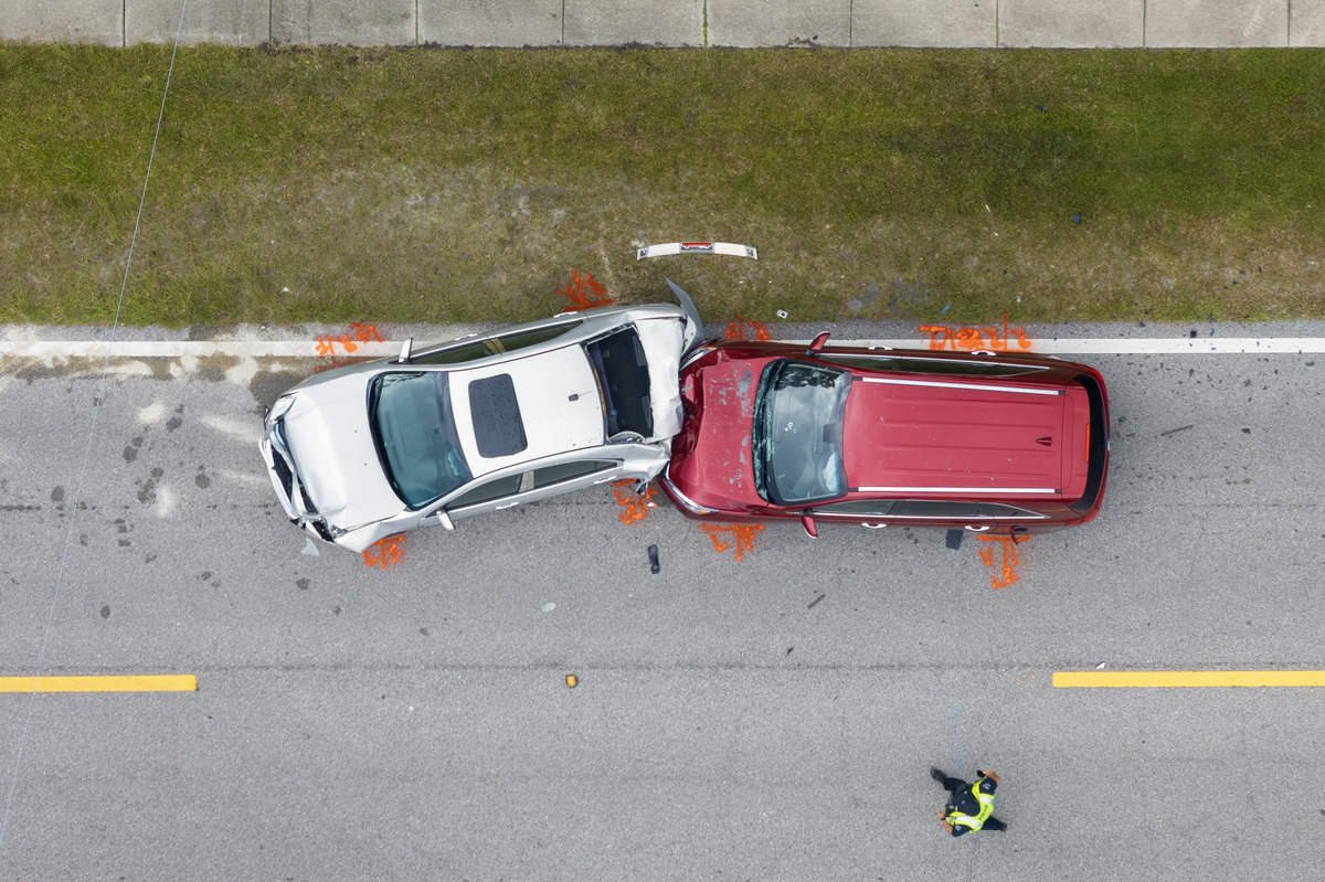 Aerial view of a head-on car accident scene used for personal injury litigation, motor vehicle accident investigations, and car insurance claim evidence