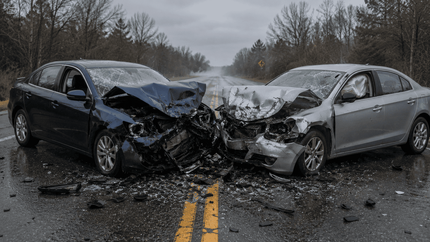 Aerial view of a head-on car accident scene used for personal injury litigation, motor vehicle accident investigations, and car insurance claim evidence